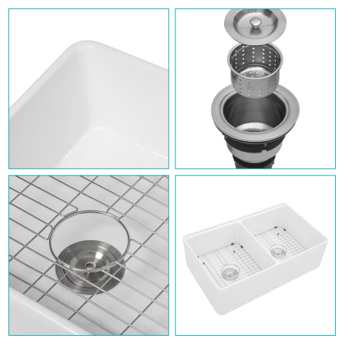 White Farmhouse Sink Workstation - 33 x 20 x 10 inch White Ceramic Porcelain Double Bowl Farm Kitchen Sink