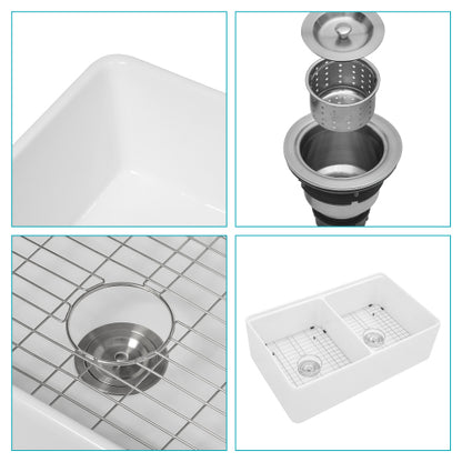 White Farmhouse Sink Workstation - 33 x 20 x 10 inch White Ceramic Porcelain Double Bowl Farm Kitchen Sink