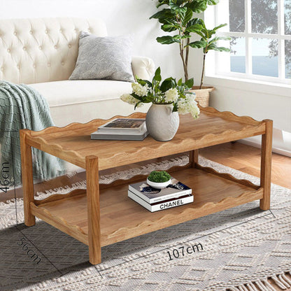 2-Tier Rectangular Coffee Table Rubberwood Storage Shelf Modern Living Room Table