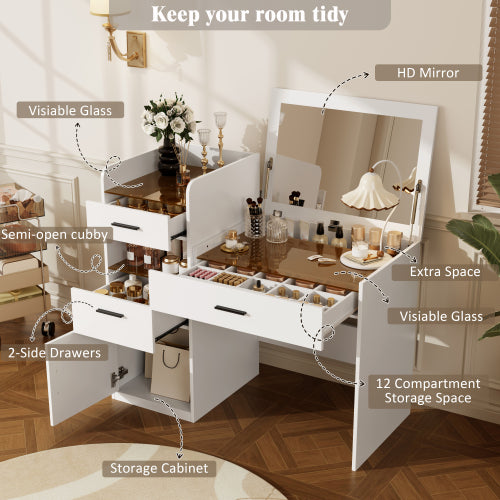 White 3in1 Flip-Top Vanity Desk, Amber Glass Top, Adjustable Dividers, Hidden Storage Cabinet