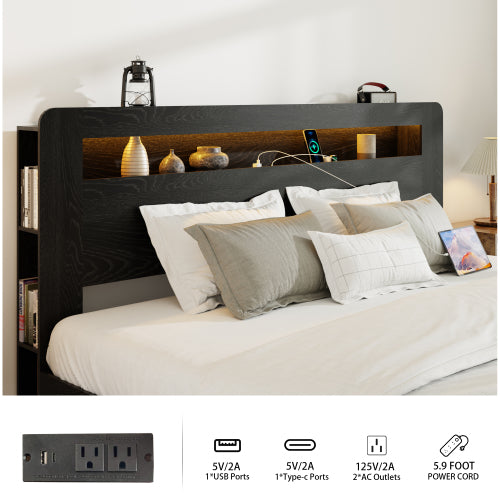 Bed Frame Full Size, Wood Platform Bed Frame with Storage LED Light Headboard and 2 USB , Noise Free,No Box Spring Needed and Easy Assembly Tool,Large Under Bed Storage,Dark Black