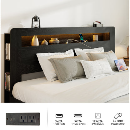 Bed Frame Full Size, Wood Platform Bed Frame with Storage LED Light Headboard and 2 USB , Noise Free,No Box Spring Needed and Easy Assembly Tool,Large Under Bed Storage,Dark Black