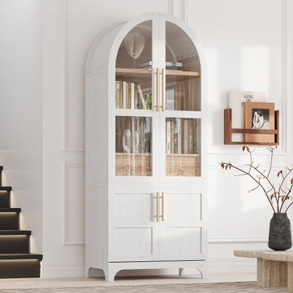 71inch  Arched Kitchen Pantry Cabinet with Glass Doors White
