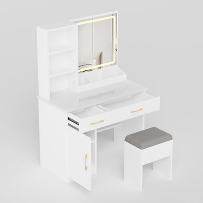 White Vanity Desk with Mirror & Lights, Power Outlet, 3 Lighting Modes, Cabinet Drawers, Shelves & Storage Stool