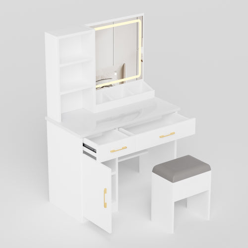 White Vanity Desk with Mirror & Lights, Power Outlet, 3 Lighting Modes, Cabinet Drawers, Shelves & Storage Stool