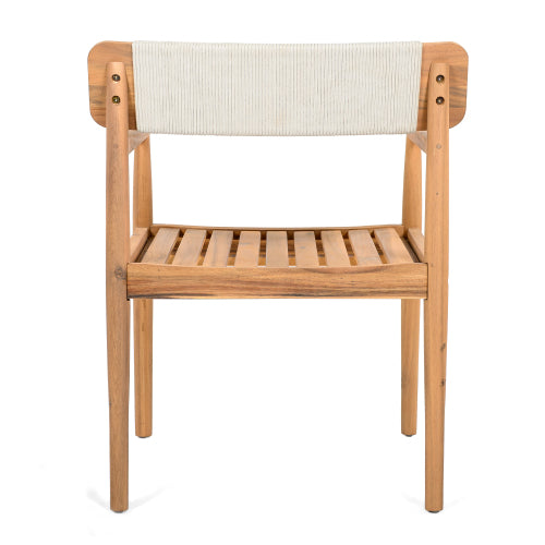 CREATIVE BRAIDED ACACIA WOOD OUTDOOR DINING TABLE AND CHAIRS WITH ARMRESTS, SUITABLE FOR OUTDOOR DINING AND LEISURE PLACES, TEAK LOOK & WHITE ROPE,SET OF 2