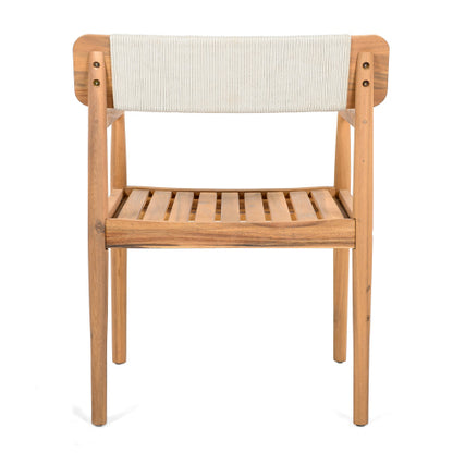 CREATIVE BRAIDED ACACIA WOOD OUTDOOR DINING TABLE AND CHAIRS WITH ARMRESTS, SUITABLE FOR OUTDOOR DINING AND LEISURE PLACES, TEAK LOOK & WHITE ROPE,SET OF 2