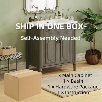 31" Vintage Bathroom Vanity with Sink, Rustic Bathroom Cabinet with Soft Close Doors and Adjustable Shelf, Curved Profile Design, Rubber Wood Legs, Gray
