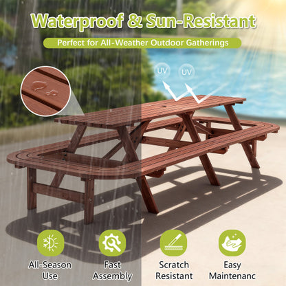 Brown Picnic Table with Benches for 14-16 Persons, Nearly 8-Foot Long Outdoor Wooden Rectangle Table for Patio, Garden, Backyard, Large Outside Dining Set with Umbrella Hole