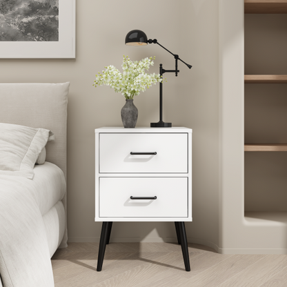 2-Drawer Nightstand with Metal Legs and Metal Handles, Modern White Bedside Table, Small End Table for Bedroom, Living Room or Apartment