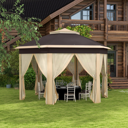 13' x 13' Pop Up Gazebo, Hexagonal Canopy Shelter with 6 Zippered Mesh Netting, Event Tent with Strong Steel Frame for Patio, Backyard, Garden, Wedding, Party, Beige