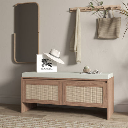PP Rattan Storage Bench with Cushion, Faux Rattan Shoe Cabinet with 2 Doors, Mid-Century Modern Wood Entryway Seat, for Bedroom, Hallway, Mudroom, Natural Finish