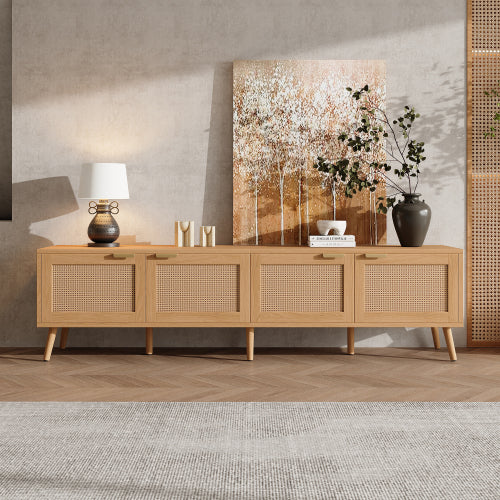 70.87 inch Natural Wood 4-Door PE Rattan TV Stand Media Console With Cable Holes For 80 inch TV