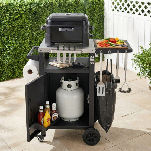 33.9 inch Outdoor Grill Cart with Drop Leaf, Outdoor Metal Bar Cart Pizza Oven Table with Wheels, Stainless Steel Top, Outdoor Kitchen Island with Storage Cabinet & Spice & Paper Rack for BBQ, Waterpr
