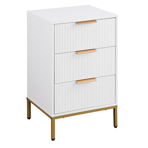 White Mid-Century Nightstand, 3 Wavy Drawers with Gold Metal Legs & Handles Bedroom End Table
