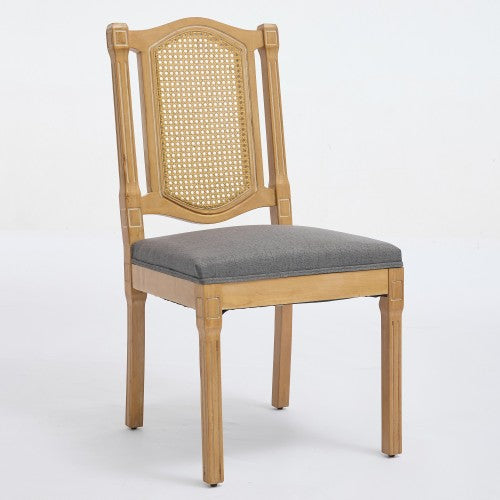 Set of 2 Gray All-Solid Wood Rattan Back Dining Chairs, S-Spring Matte Linen Cushion Rustic Caf¨¦ Side Chairs