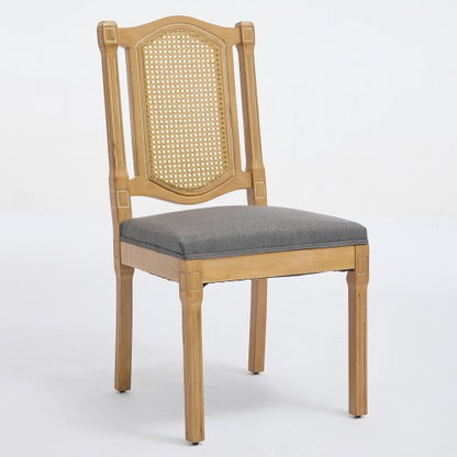 Set of 2 Gray All-Solid Wood Rattan Back Dining Chairs, S-Spring Matte Linen Cushion Rustic Caf¨¦ Side Chairs
