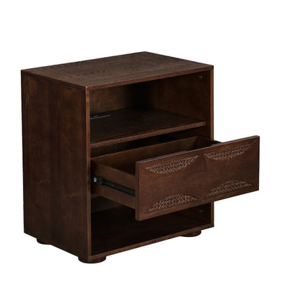 Mid Century Modern Rattan Nightstand with Charging Station USB Ports & Outlet Hole & 4 Solid Wood Bases, Farmhouse End Table with Open Space and Drawer Dresser, Walnut