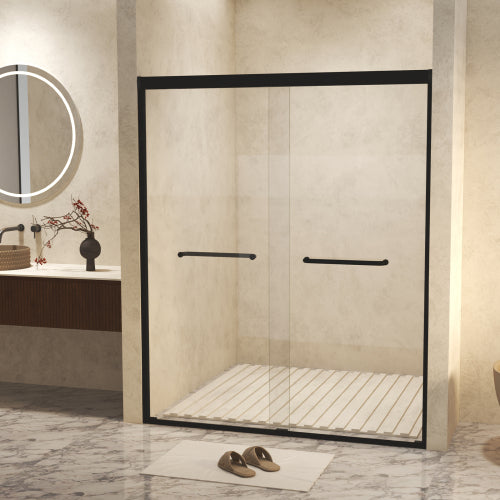 50-54" W × 72" H Tempered Glass with Explosion Proof Film, Aluminum Frame Double Sliding Shower Door, "1/4 (6 mm), Stainless Steel handle, Matte Black