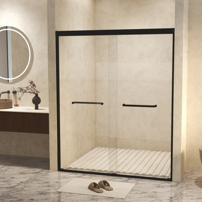 50-54" W × 72" H Tempered Glass with Explosion Proof Film, Aluminum Frame Double Sliding Shower Door, "1/4 (6 mm), Stainless Steel handle, Matte Black