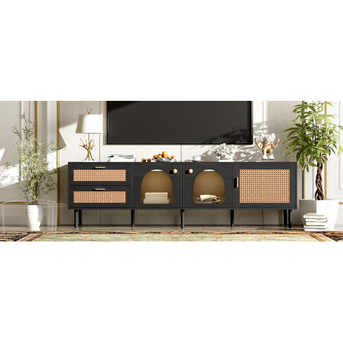 70.8 Inch Black Rattan LED TV Stand Solid Wood Leg Media Console Supports 80 Inch TV