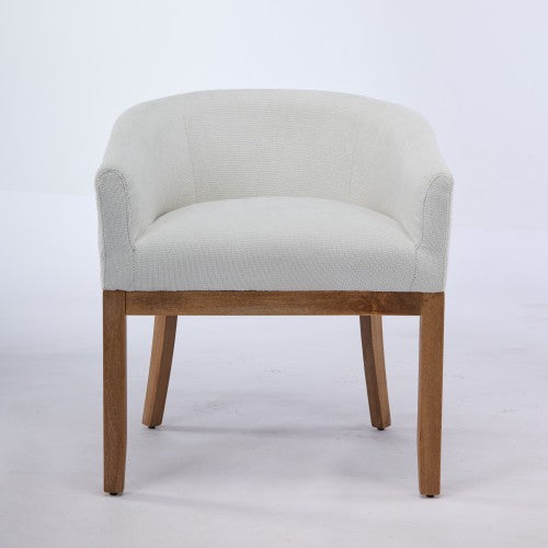 Single Beige Mid-Century Barrel Linen Arm Dining Chair, Farmhouse Style, Natural Rubberwood Frame
