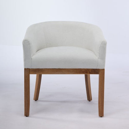Single Beige Mid-Century Barrel Linen Arm Dining Chair, Farmhouse Style, Natural Rubberwood Frame