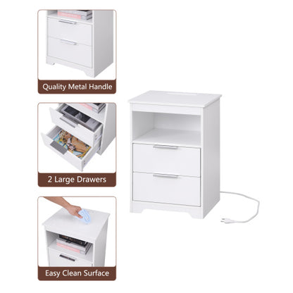 White Wooden Nightstand with Charging Station, 2 Drawers & Open Shelf Modern Side Table