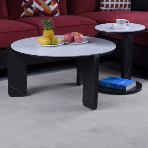 Set of 2 Round Nesting Coffee Tables, White Sintered Stone Top & MDF Frame, 32.68inch +16.93inch  for Small Spaces