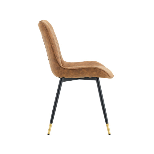 Set of 2 Brown Leathaire Tech Fabric Dining Chairs, Black Semi-Gloss Metal Leg Gold Trim Adjustable Feet Vertical Stitch High Back