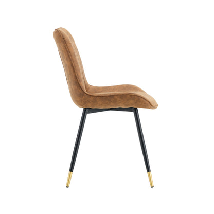 Set of 2 Brown Leathaire Tech Fabric Dining Chairs, Black Semi-Gloss Metal Leg Gold Trim Adjustable Feet Vertical Stitch High Back
