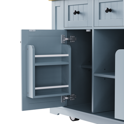 53inch Large Kitchen Island with 2 Bar Stools,Power Outlet,Door Internal Storage Rack,Kitchen Storage Cart on 5 Wheels with Drop Leaf,5 Open Side Racks,3 Drawers,Grey Blue (Three Packages)