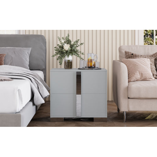 Modern End Table with Drawers, Elegant Nightstand with Metal Foot,Wood Bedside Table with Mirrored Metal Handles,Sofa Side End Table for Bedroom Living Room Office,Grey