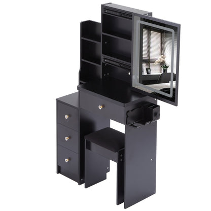 29.2" Small Size Left Bedside Cabinet Vanity Table + Cushioned Stool, 2 AC+2 USB Power Station, Hair dryer bracket, Extra Large Touch Control Sliding LED Mirror, Tri-color Switching, Brightness Adjust