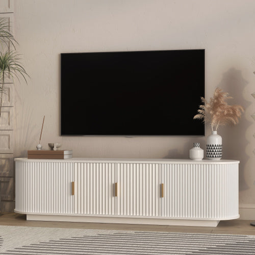 66.9 Inch Farmhouse Fluted Wood TV Stand, Sliding Door Media Console for TVs Up to 75 Inch TV