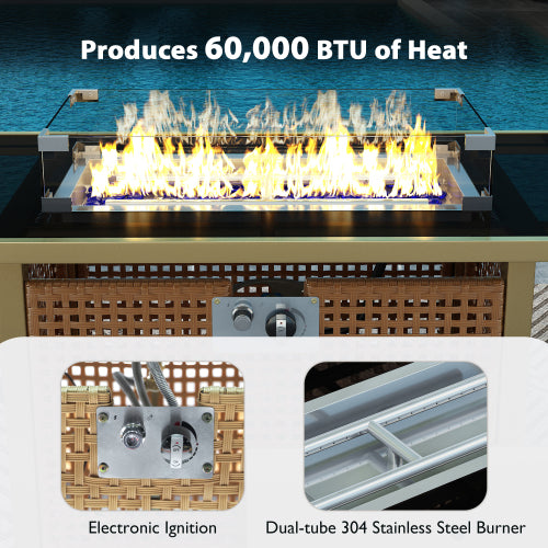 K&K 43" Propane Gas Fire Pit Table, 60000 BTU Rectangular Open Weave Wicker Fire Pit with Glass Wind Guard for Outside Patio Deck Garden Backyard - Orange & Mustard Yellow