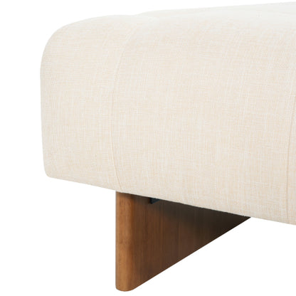 Beige Tufted Square Linen Ottoman, Breathable Fabric Foot Stool with Durable Rubber Wood Legs for Bedroom & Living Room