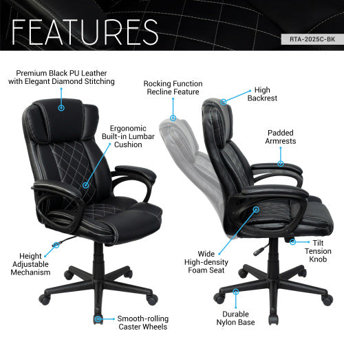 Ergonomic Executive Office Chair High Back Black Faux Leather ¨C Adjustable Height, Lumbar Support, Diamond-Stitched Padding, Swivel Desk Chair w/Armrests & Tilt Recline for Home Office