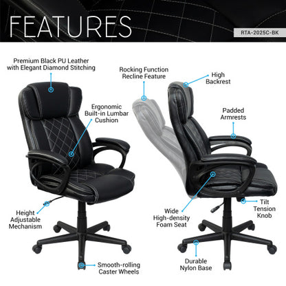 Ergonomic Executive Office Chair High Back Black Faux Leather ¨C Adjustable Height, Lumbar Support, Diamond-Stitched Padding, Swivel Desk Chair w/Armrests & Tilt Recline for Home Office