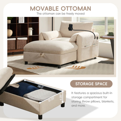 37 inch  Chenille Single Sofa Chair, Storage Ottoman, Dual Charging Ports, Phone Holder