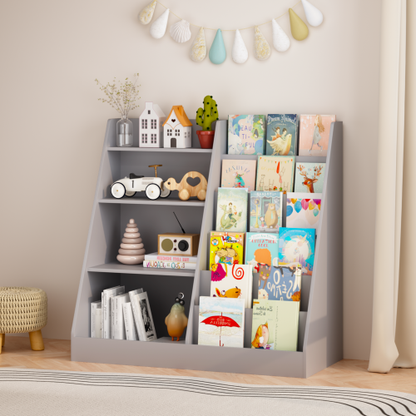 Gray 4-Tier Kids MDF Bookshelf, Multi-use Toy & Book Storage Unit for Nursery Playroom Bedroom