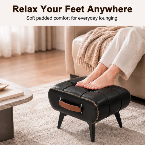 Rectangular Tufted Faux Leather Storage Ottoman with Handle & Metal Legs, Multiuse Footrest for Entryway & Small Apartment