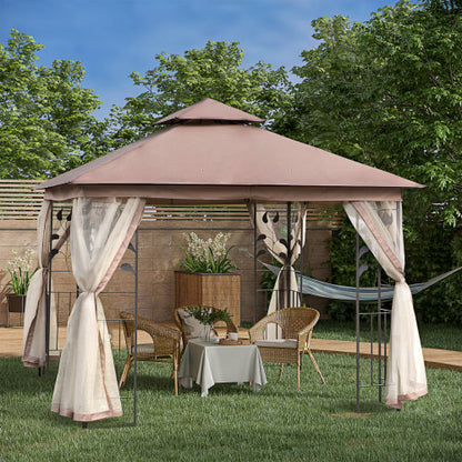 10' x 10' Metal Patio Gazebo, Double Roof Outdoor Gazebo Canopy Shelter with Tree Motifs Corner Frame and Netting, for Garden, Lawn, Backyard, and Deck, Brown