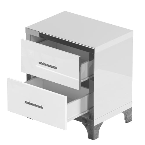 High Gloss Mirrored Nightstand with 2 Drawers,Modern End Table with Drawers,Mirrored High Gloss Wood Nightstand Metal Handle Bedside End Table for Bedroom, Dorm,Living Room,White