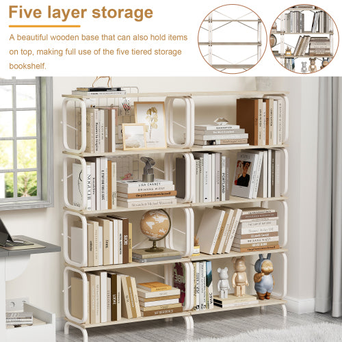 White 5-Tier Industrial Style Bookshelf, Metal Frame MDF Open Storage Rack, Max Total Load 450lbs