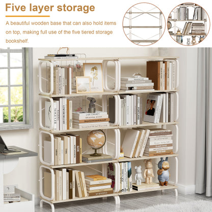 White 5-Tier Industrial Style Bookshelf, Metal Frame MDF Open Storage Rack, Max Total Load 450lbs