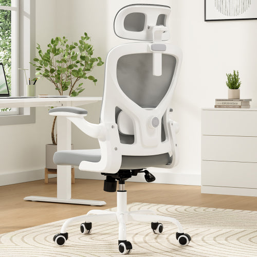 Ergonomic Office Chair, Home Office Desk Chair with Headrest, High Back Computer Chair with Armrests and Adjustable Lumbar Support for Home Office Study Room, White & Gray