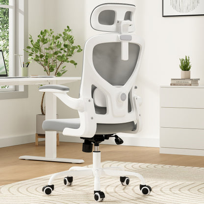 Ergonomic Office Chair, Home Office Desk Chair with Headrest, High Back Computer Chair with Armrests and Adjustable Lumbar Support for Home Office Study Room, White & Gray