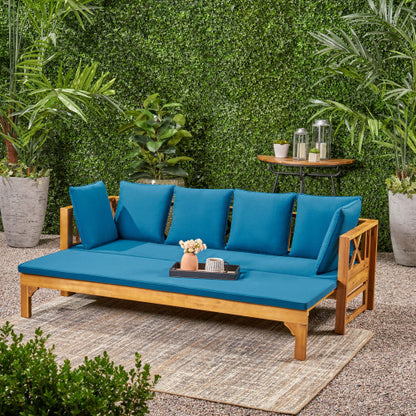 Outdoor Extendable Acacia Wood 3 Seater Sofa, Upholstered Cushion Couch, Daybed Sofa Chair, Spacious Seating Lounge Chair, Patio Daybed Sofa for Garden Yard