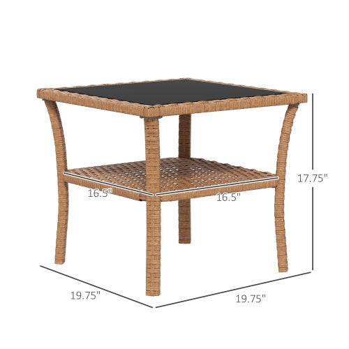 Outsunny Rattan Side Table Outdoor End Table with Storage Shelf Aluminum Frame Tempered Glass Top